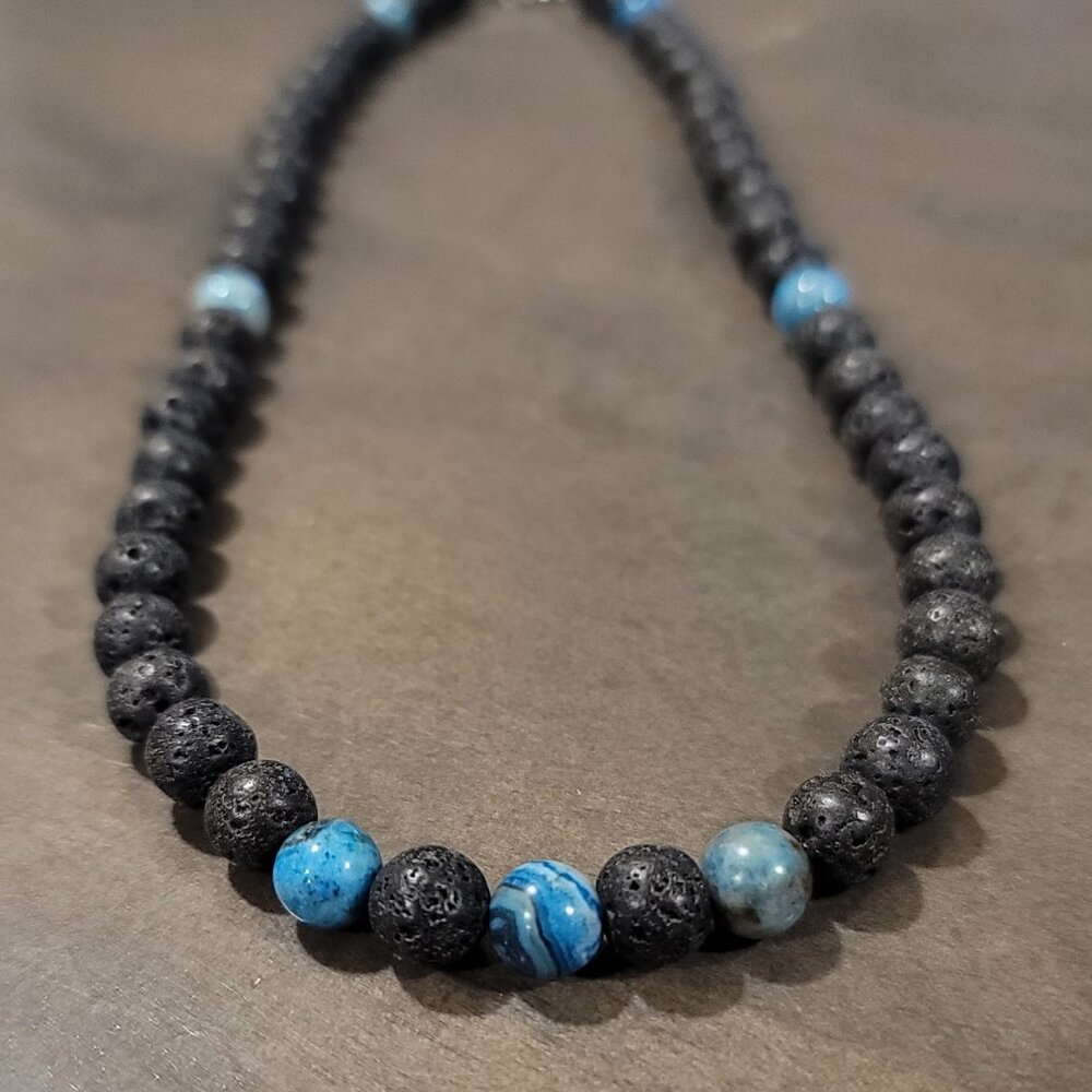 Black Lava Stone Beaded Necklace W/ Dark Blue Lace Agate Hawaiian Beach Necklace